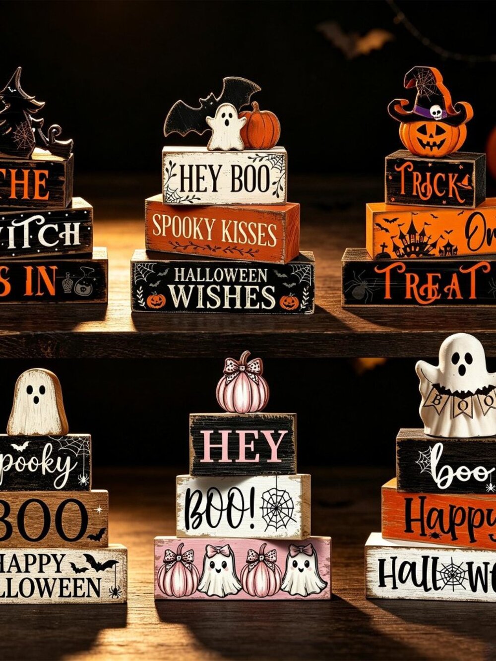 Halloween Stacked Wooden Block,Ghost Witch Pumpkin Tabletop Sign,Spooky Season